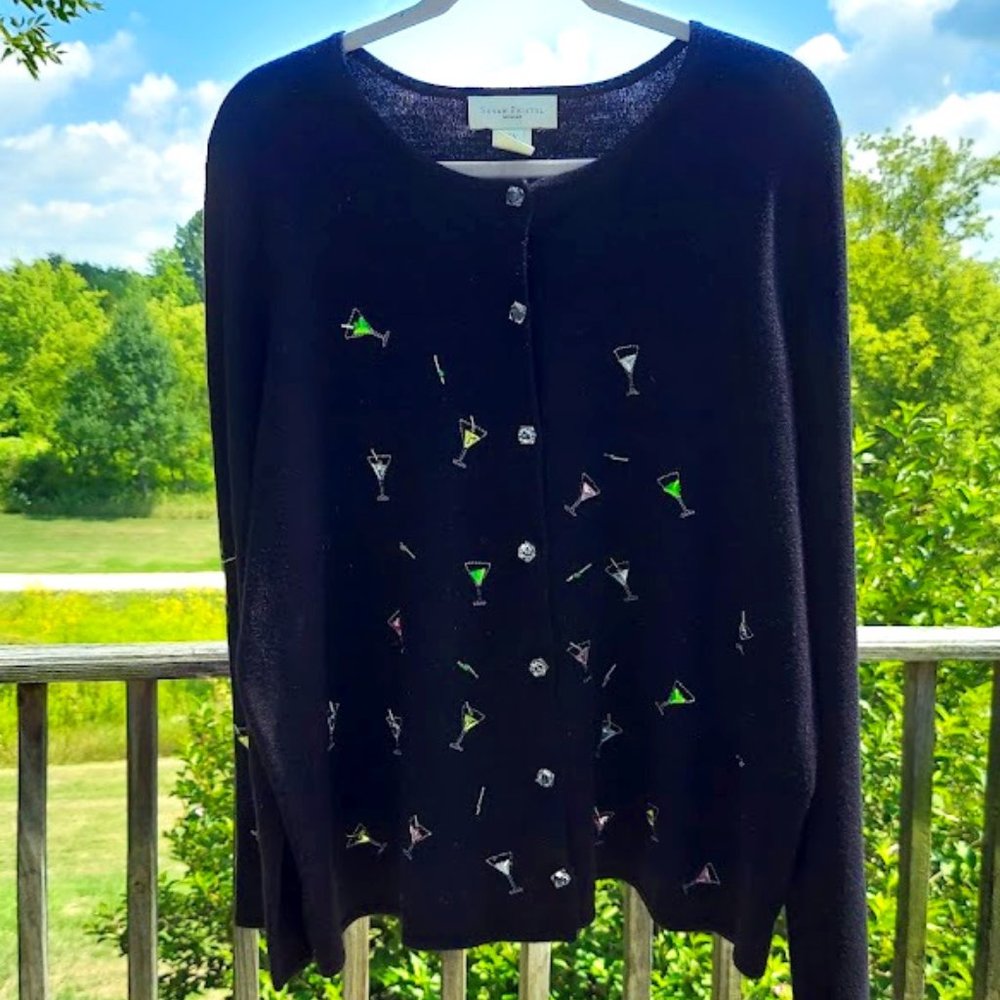 Susan Bristol Beaded Martini Glass Ice Cube Buttons Black Sweater - Plus Size 3W